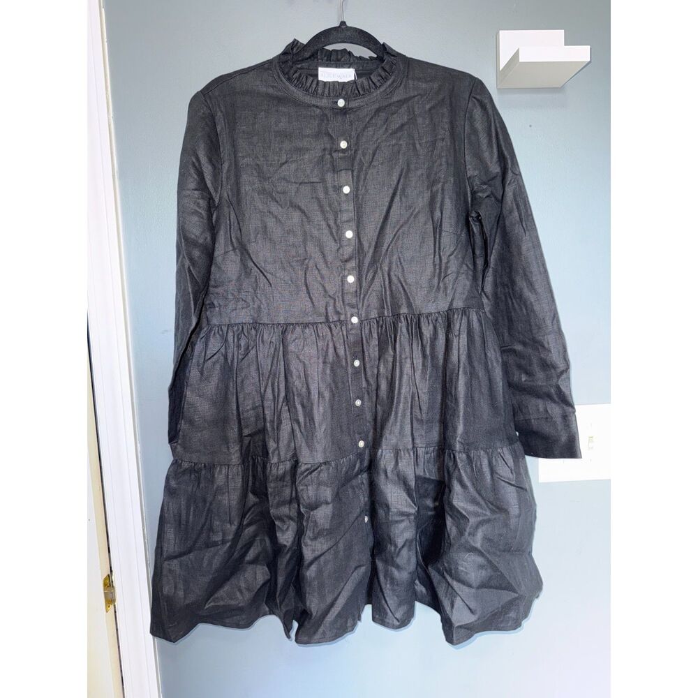 NWT Alice Walk Linen Black Mini Tiered Shirt Dress | Size Medium | Lagenlook
